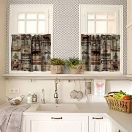 Retro Rustic Style Curtain Set, Vintage Moose Deer Bear Leaf Tree Country Style Farmhouse Cottage Cabin Window Valances and Tier Set for Kitchen Living Room Café Décor