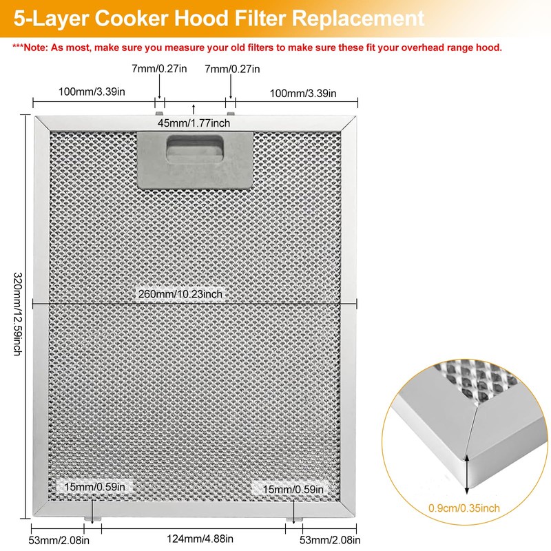 Maridergo 2 Pack 5-Layer Aluminium Cooker Hood Filter, 320x260mm, Modern