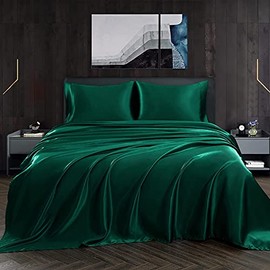 Homiest 4pcs Satin Sheets Set Luxury Silky Satin Bedding Set with Deep Pocket, 1 Fitted Sheet + 1 Flat Sheet + 2 Pillowcases (King Size, Blackish Green)
