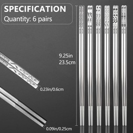 Stainless Steel Chopsticks, Reusable Metal Chopsticks Square Lightweight Chopsticks Set Dishwasher Safe - 6 Pairs (Silver)