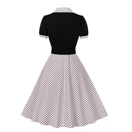 Notch Lapel Peter Pan Collar Vintage Dress for Women 1950s Polka Dot Rockabilly Dresses Belted Buttons Contrast Color Patchwork Office Work Tea Party Dress 50s 60s Audrey Hepburn Dress Black+Pink L