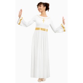 Sanmsoner White Praise Dance Dresses for Women Long Sleeve Liturgical Dress with Lining Metallic Block(238105-07-XL)