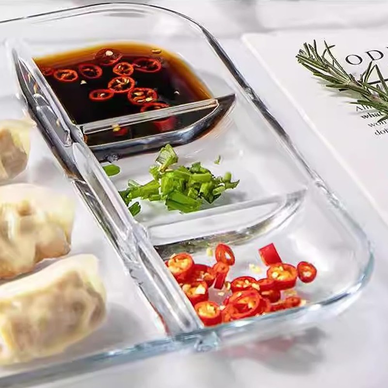 TAMUME 10" Glass Serving Plate with Compartments for Dressing, Pack