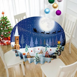 VVA Round Christmas Tablecloth - Winter Snowman Xmas Tree Santa Sleigh Moon Present Snow Stars Holiday Round Tablecloth Blue Tablecloths for Family Gatherings Christmas Dinner Parties Decor 50 Inch