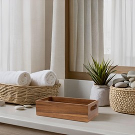 Eitida Natural Acacia Hardwood Bathroom Tray with Handles for Organizing Toiletries and Accessories - 12.25L x 6W in on Countertop, Shelf, or Tank Top Storage