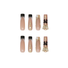 SINHOT Square Press on Nails Long Fake Nails Glossy Glue on Nails Luxury Rhinestones Acrylic Nails 3D Bowknot Squoval Artificial Nails Butterfly Rhinestones Stick on False Nails with Design 24 pcs