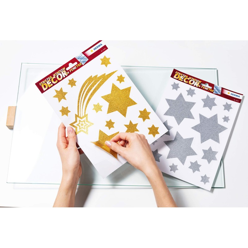 HERMA 45 Christmas Silver Star Stickers for Windows with Glitter