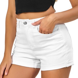 VIPONES Women Denim Shorts High Rise Trendy Stretch Frayed Summer Casual A Line Jean Shorts White, Size 14