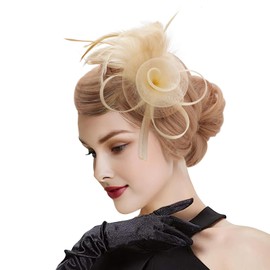 DRESHOW Fascinator Hats for Women Pillbox Hat with Veil Headband and a Forked Clip Tea Party Headpiece, champagner