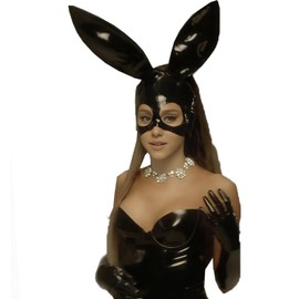 ABWL Black Latex Bunny Mask for Women,Handmade Rubber Hooded Masks for Latex Cosplay Costumes-S
