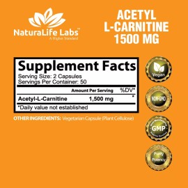 NaturaLife Labs Acetyl L-Carnitine 1,500 mg High Potency Supports Natural Energy 100 veggie caps