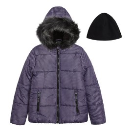 LONDON FOG Baby Girl's Heavyweight Puffer Jacket with Faux Fur Hood and Matching Beanie, Purple/Black Houndstooth