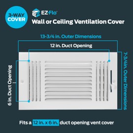 EZ-FLO 12 x 6 Inch (Duct Opening) Air Vent Cover for Wall or Ceiling, Three-Way Ventilation Register, Solid Steel HVAC Register Cover, White, 61615