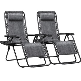 Greesum Zero Gravity Chairs Set of 2 Adjustable Steel Mesh Recliners Beach Deck Lawn Camping Patio Foldable Lounge Chair with Cup Holder Trays and Pillows,Double-Gray