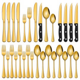 24-Piece Gold Silverware Set with Steak Knives,Golden Flatware Sets Service For 4 Person For Home,Party,Restaurant,Durable Cutlery Sets