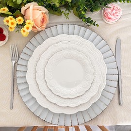 UOEKCS 13" Antique White Charger Plates, Round Plate Chargers with Waved Scalloped Rim, Plastic Plate Charger for Dinner Plates for Parties, Anniversary, Holidays, Tabletop Decor(Set of 6)