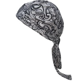 Headwrap Biker Hat Durag Skull Cap Helmet Liner Bandanna Silver Gray Grey Black Paisley Moisture Wicking and Vented Micro Fiber Dry Fit Stretch