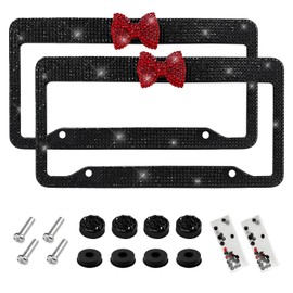 DXNQ 2 PCS Bling License Plate Frame, Handcrafted Rhinestone License Plate Frame with Ribbon Bow, Bling Stainless Steel License Plate Frame with Mounting Kit, Car Accessories (Black+Red)