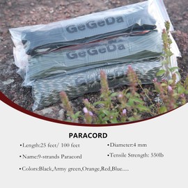 GeGeDa Paracord 9 Core 550 Cuerda de paracaídas para acampar, 100 pies (gris, 100 pies)