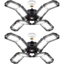 PINSAI 2 Pack LED Garage Light,Super Bright Screw in E26/E27 Ceiling Shop Work Lamp, 200W 20000 Lumen Deformable Basement Bulb Fixture with 8 Adjustable Panels