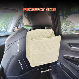 Tecledsn Car Seat Back Organizer, Hanging Passenger Seat Storage Bag, PU Leather Car Seat Storage Bag, Large Universal Hanging Backseat Car Organizer for Adults & Kids With Cup Holder (Beige)