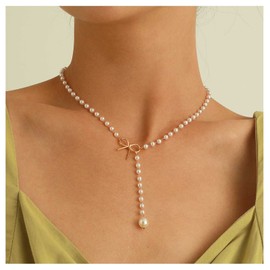 Aneneiceera Vintage Pearl Y Lariat Necklace Crystal Pearl Pendant Necklace Rhinestone Chain Y Necklace Gold Bow Choker Necklace Pearl Y Drop Necklace Chain for Women (Without crystal)