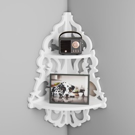 LUPWNEKA 2-Tier Vintage White Corner Wall Shelves, Cut Out Design Hanging Shelves for Wall, Wooden Round End Display Shelf, Whimsical Decor Macrame Shelf for Living Room, Bedroom, Study Room, Home