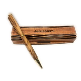 Handmade Ballpoint Pen Handcrafted Bethlehem Olive Wood With Wooden Jerusalem Box