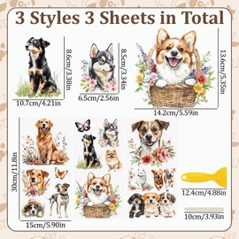 WANDIC 3Sheet Dogs Flowers Rub on Transfer Stickers Waterproof Cosy Pooch Transfer Decals Puppy Animal Stickers for Crafts Furniture DIY Crafts Decoration,15 * 30cm
