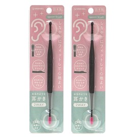 GREENBELL Green Bell with New Shape to Catch Earwax Flexible Fit 2-Way Type (Spoon & Soft Brush) Triangular Grip with Convex Part Can Be Washed [Set of 2] Made in Japan (Pink 2-Piece Set)
