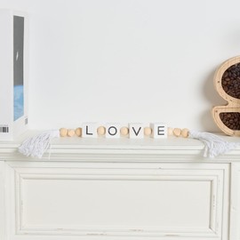 Love Letter Block Wood Bead Garland with Tassels, Farmhouse Decorative Beads, Modern Wooden Beads Garland for Tabletop, Tiered Tray, Mantel, Love Decor