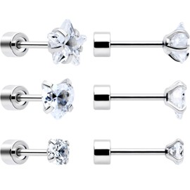 Body Candy Flat Back Earrings Studs - Clear Simplistic Heart Star CZ Flat Back Stud Earrings - 3 Pairs