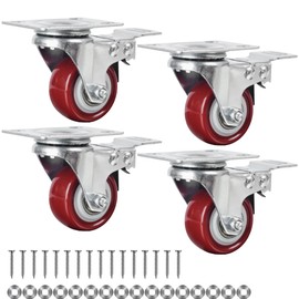 Finnhomy Caster Wheels Set of 4 with Brake 2 Inch Plate Swivel Casters Premium Polyurethane Wheels PU Load Bearing 800 Lbs Lockable Anti-wear Smooth Casters Red