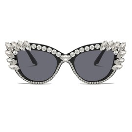 LJCZKA Cat Eye Rhinestones Sunglasses Womens, Retro Diamond Sunglasses Crystal Jeweled Bling Cateye Eyewear
