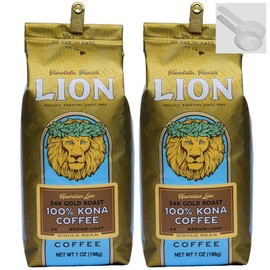 Spoonz 100% Kona Whole Bean, Lion Coffee, 7 Ounce Bag (Pack of Two) With a 2 Tbsp Spoon For Easy Serving