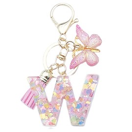 Xsclpomddy Girls Alphabet Letter Key Ring Cute Key Ring Glitter with Butterfly Tassels Resin Pink Keychain for Bag Charm, W