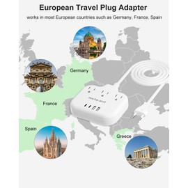 European Travel Plug Adapter, US to Europe Plug Adapter with 3 Outlets & 4 USB(2 USB-C), 5ft European Power Cord, International Power Strip, Type C for Europe EU Germany France, Travel, White