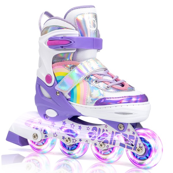 SULIFEEL Rainbow Unicorn Adjustable Roller Blades for Girls and Boys Kids Inline Skates with All Illuminating PU Wheels for Outdoor and Indoor Beginner Skates Purple Small