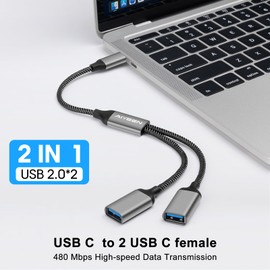 AIYEEN USB C Male to 2 USB Female Splitter Cable Adapter, Dual USB-A Port Hub for Data Transfer/Charging, Extra Extender Data Split Power Cord Extension for Car/Laptop/Mac/PC (Grey)