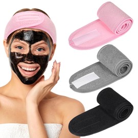 Qulkws Headband for Face Washing, 3 Pack Facial Spa Headband for Women, Soft Adjustable Face Wash Headbands, Black Make Up Wrap, Hair Band for Esthetician Makeup Shower Sport Yoga(Black, Gray, Pink)