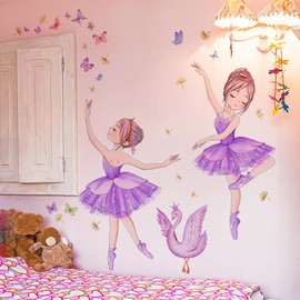 WandSticker4U® - Wall Sticker for Children's Room Girls Ballerina Purple (119 x 73 cm) I Wall Sticker Ballerina Ballet Dancer Swan Butterflies I Wall Sticker Nursery Decoration Girls Baby Room Large