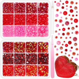 2 Boxes Red Flatback Pearls and Resin Rhinestones for Crafting, 3-6 mm Jelly Rhinestones, Mixed Size Half Pearl Bedazzling Gems for Nail DIY Crafts Mugs Bottles Tumblers Clothes Makeup