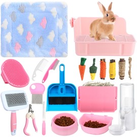 Locmeo 20 Pcs Rabbit Starter Kit Small Bunny Litter Box Animal Grooming Kit with Hanging Pet Bowls Water Bottle Bunny Toys Flannel Blankets with Cleaning Set for Guinea Pig Rabbit Accessories(Pink)