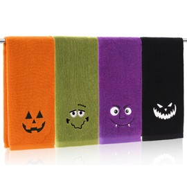 Whaline 4Pcs Halloween Hand Towels Spooky Pumpkin Face Monster Embroidered Cotton Bathroom Towel Absorbent Bath Towel for Hand Drying Cleaning Cooking, 29.5 x 13.7 Inch