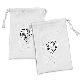 Ambesonne Romantic Fabric Pouch Set of 2, You Are Loved Hand Drawn Style Phrase in a Heart Shape with Stars and Little Dots, Small Drawstring Bag for Toiletries Masks and Favors, 9" x 6", Black White