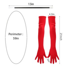 LUTER 1 Set Pearl Necklace Red Gloves and Plastic Holder Costume Accessories Set Opera Evening Party 1920s for Fancy Dress Women Parties Balls Cosplay, M