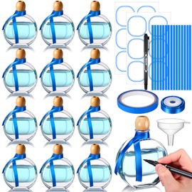 Baderke 12 Pcs Shot Glass Don Julio Tequila Bottles with Cork and Straw Mini Empty flat Patron Bottles Reusable Tiny Liquor Jar with blue Silk Ribbon for Wedding Party Decoration(3.4 Oz/ 100 ml)