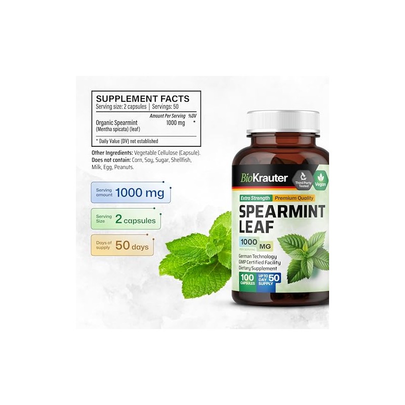 Cápsulas de Menta Spearmint, 500 Mg, Hoja de Orgánica (Mentha