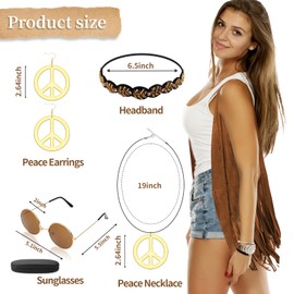 6 Pieces Women Hippie Costume Set Fringe Vest Faux Seude Tassels Vest 60s 70s Hippie Costume Accessories Peace Sign Boho Set