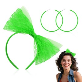 80s Bow Headband Earrings 1980s Costume Accessories for Women Neon Green Bowknot Hair Band and Retro Earrings